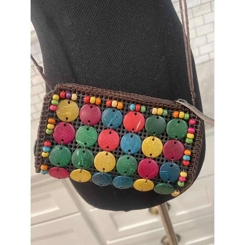 Beaded Crossbody Bag Womens Mini Multicolor Wood‎ Disc Puerto Rico Boho Flower